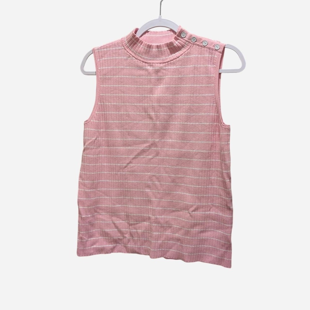 Preppy Coquette Business Casual Pink Striped Mockneck Top w/ Shoulder Buttons